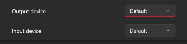Verifying that "Output device" for Spotify is set to "Default."