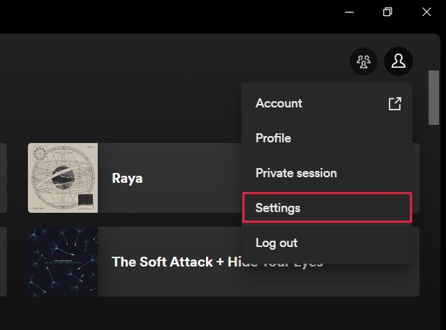 Opening "Settings" in Spotify client for PC. 