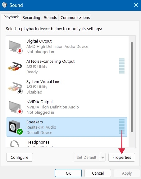 Clicking on Properties button for Speakers,