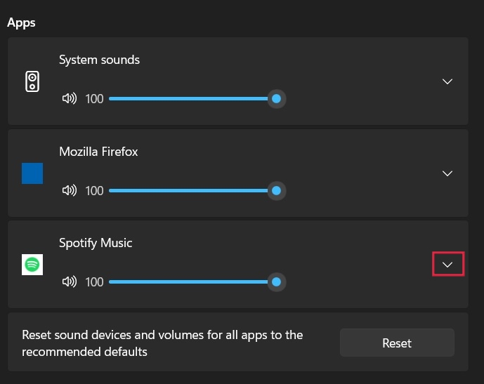 Clicking on drop-down arrow next to Spotify in Sound settings.