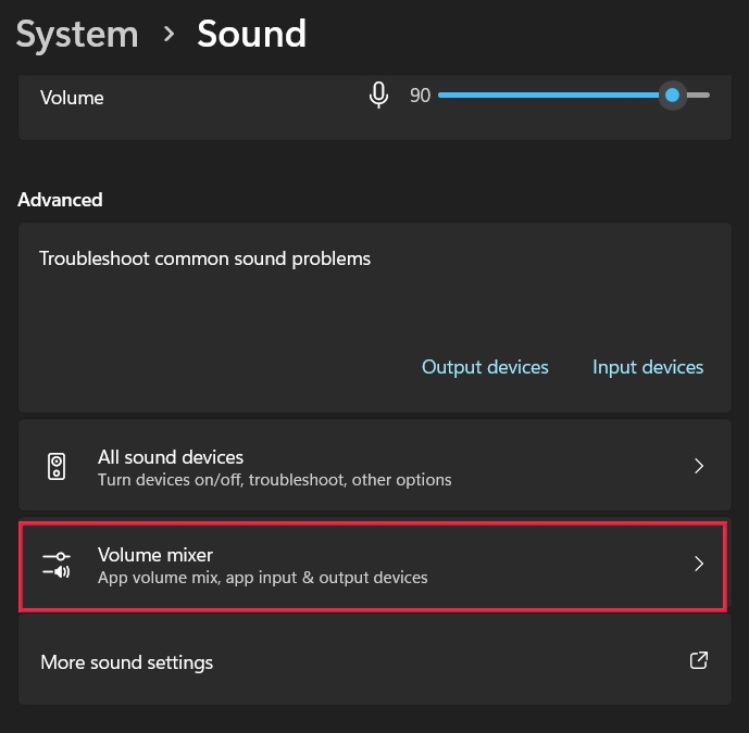 Selecting "Volume mixer" in Sound options. 