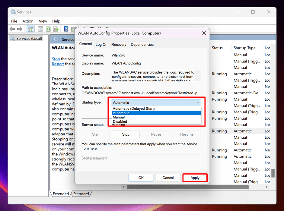Seting automatic startup type for WLAN AutoConfig.