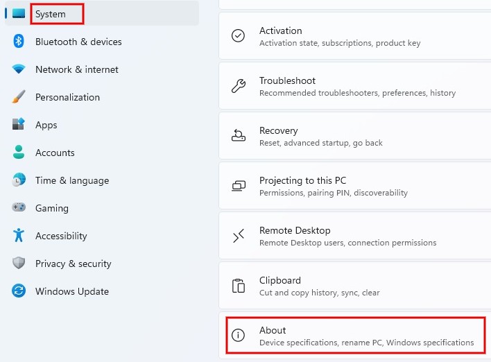 Clicking on "About" under System Settings. 