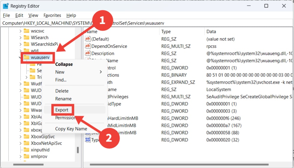 The process of exporting the wuauserv key in the Registry Editor.