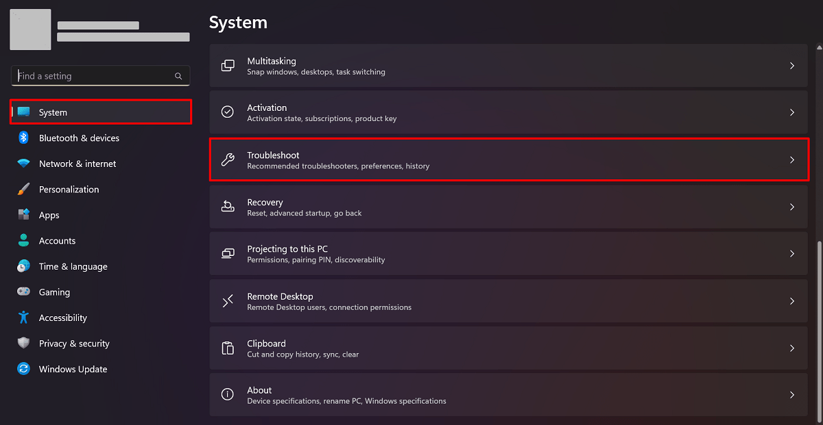 Clicking the Troubleshoot option in Settings app.
