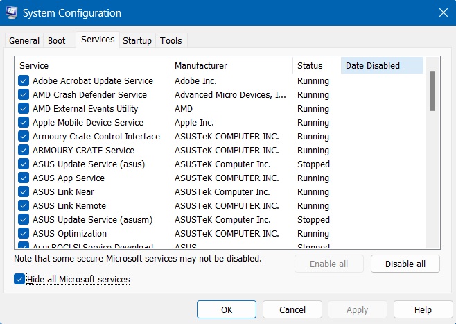 Clean boot process initiated via System Configuration window. 