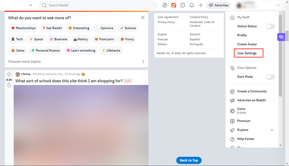 Access the user settings in Reddit