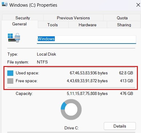 Checking "'Used space" and "Free space" for drive via Properties window. 