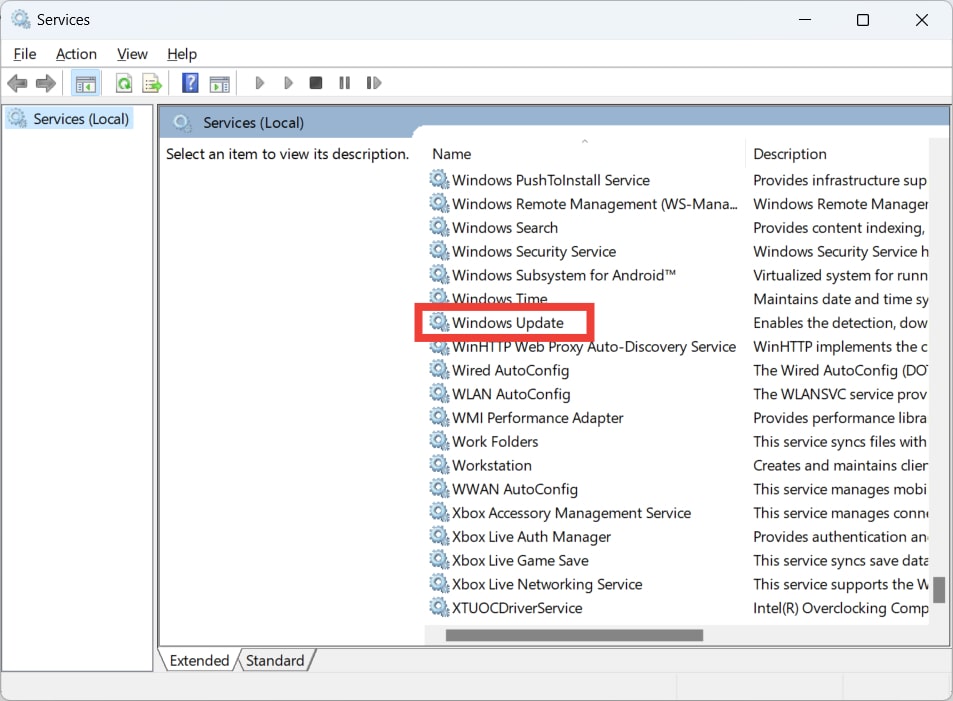 Viewing Windows Update Service in Services app. 