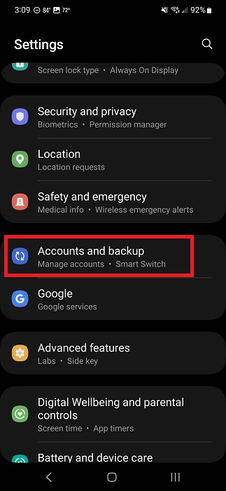 Tapping on "Accounts and backup" option in Samsung Settings app.