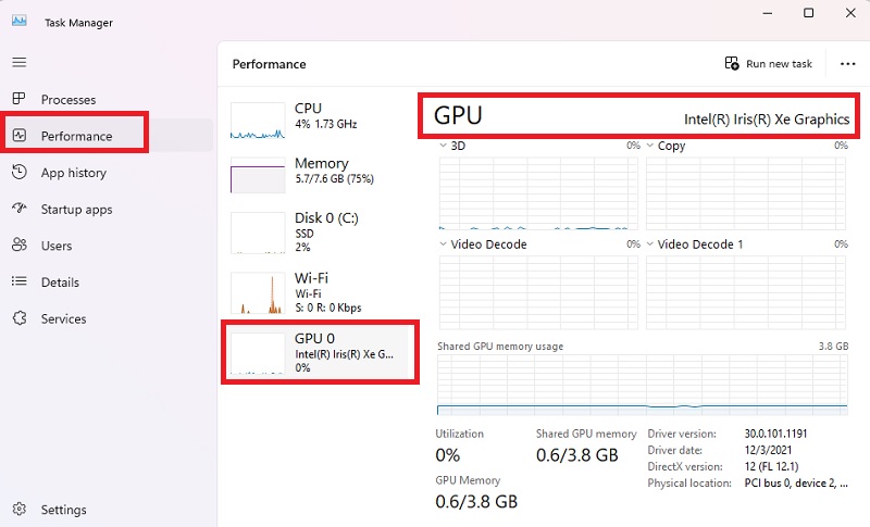 Checking GPU details via Task Manager.