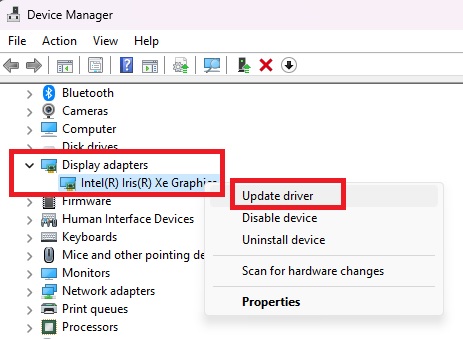 Updating GPU driver via Device Manager app. 