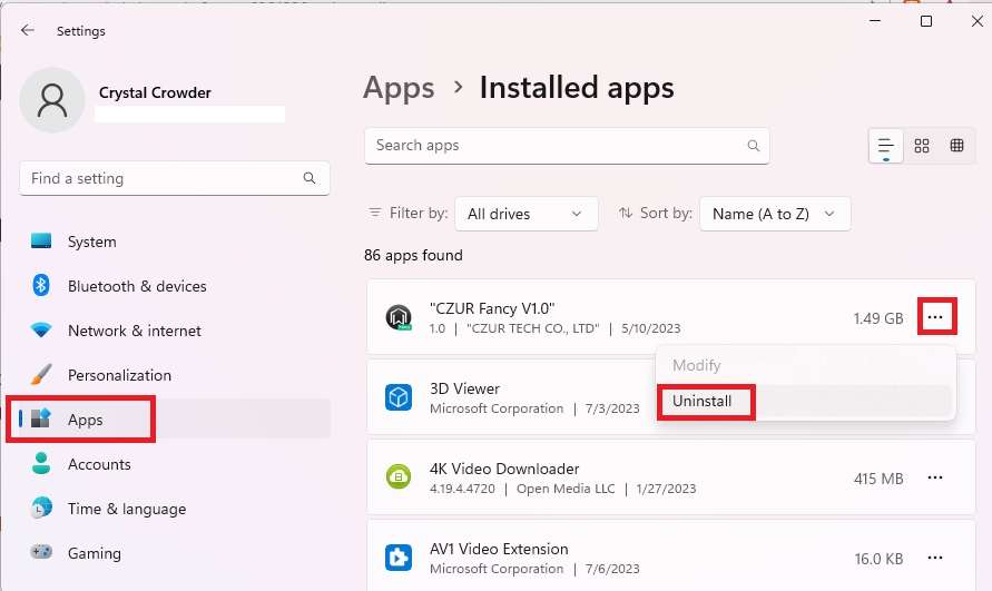 Uninstalling new apps from "Installed apps" in Settings. 
