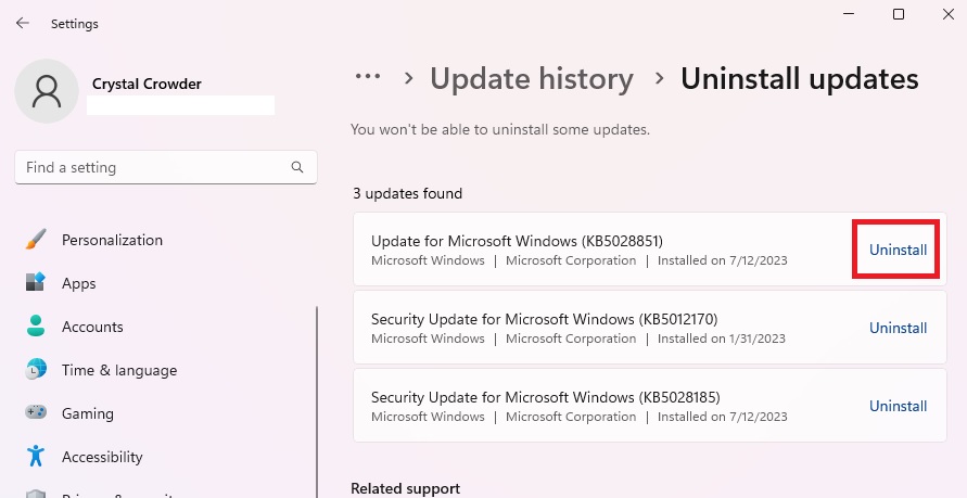 Selecting which update to uninstall from list of updates. 