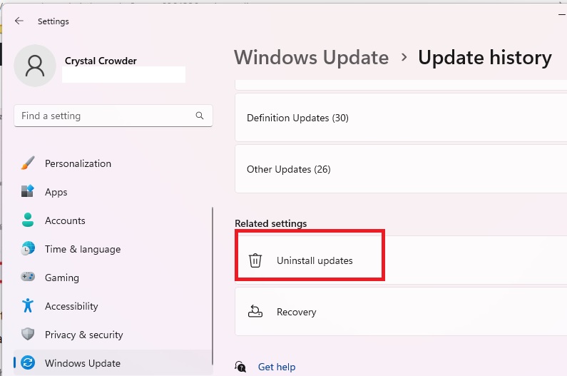 Clicking on "Uninstall updates" button under Update history in Settings. 