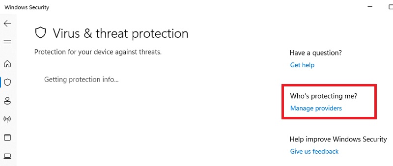 Clicking on "Manage providers" in Windows Security app. 