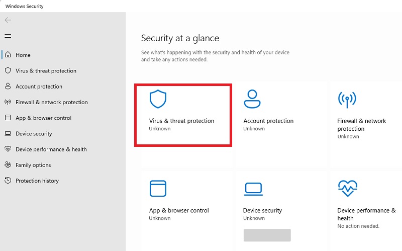 Clicking on "Virus & treat protection" in Security at a glance in Windows Security app. 