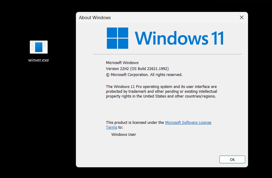 Shortcut showing you the current Windows version. 