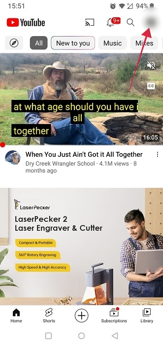Clicking on profile picture in the YouTube Android app. 
