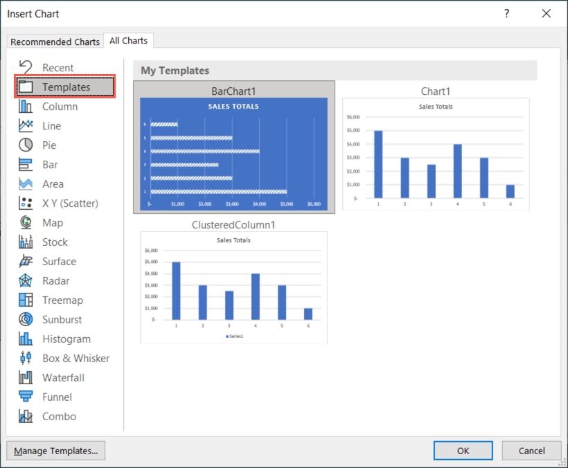 Templates on the All Charts tab