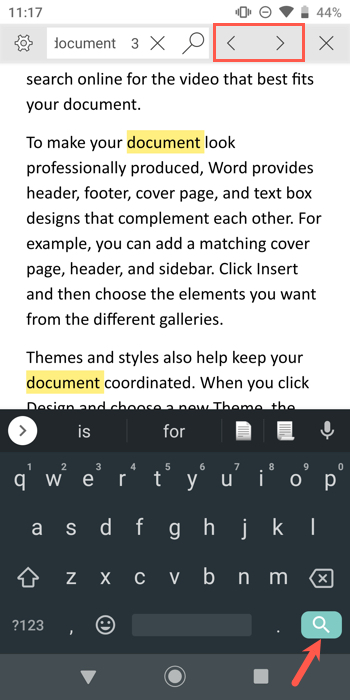 Arrows and Search key in Word on mobile