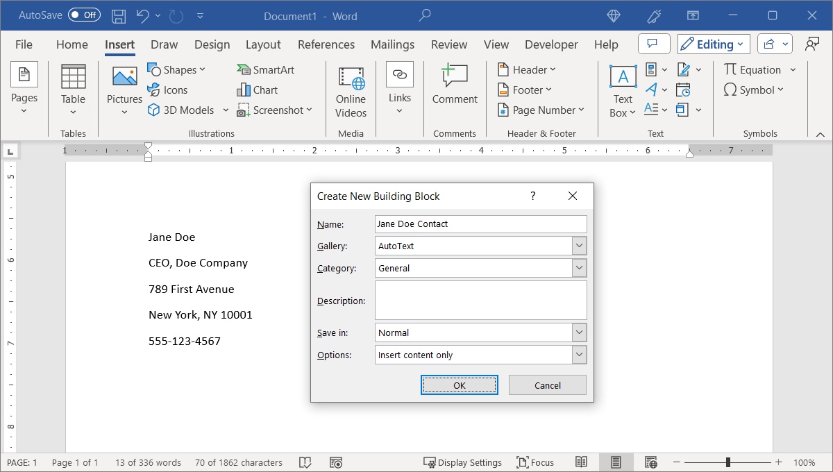 AutoText Building Block box