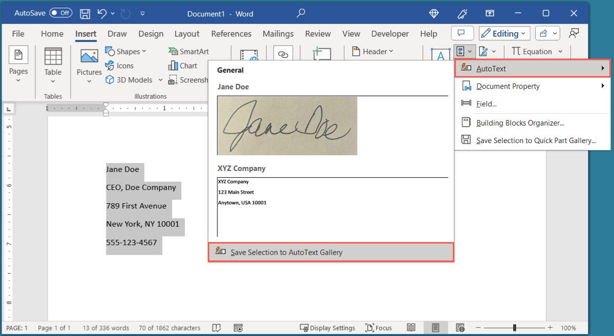 Save Selection in the AutoText menu
