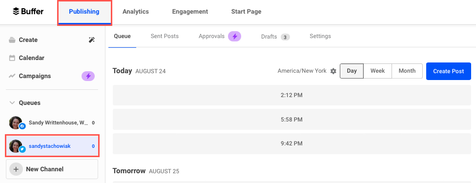Buffer Publishing tab and Twitter channel