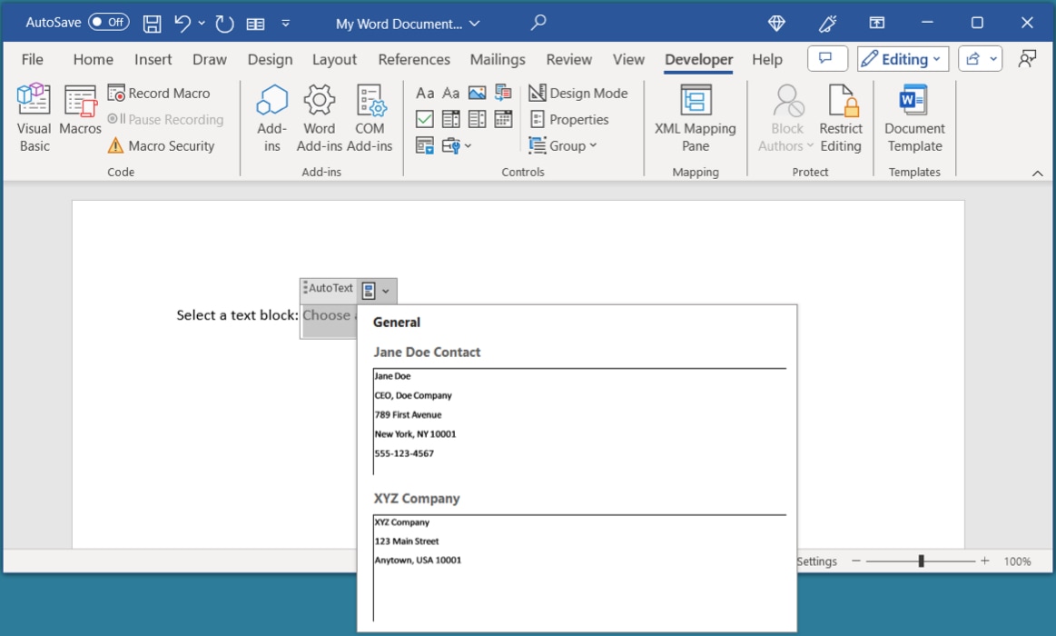 Building Block Content Control added in Word
