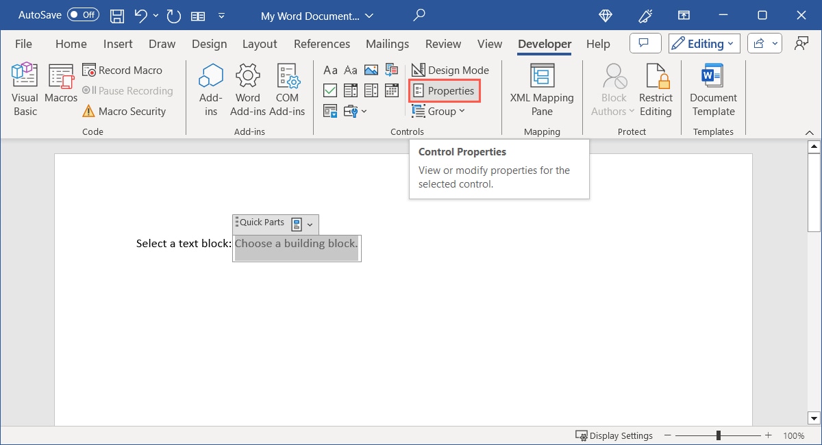 Building Block Content Control Properties in Word