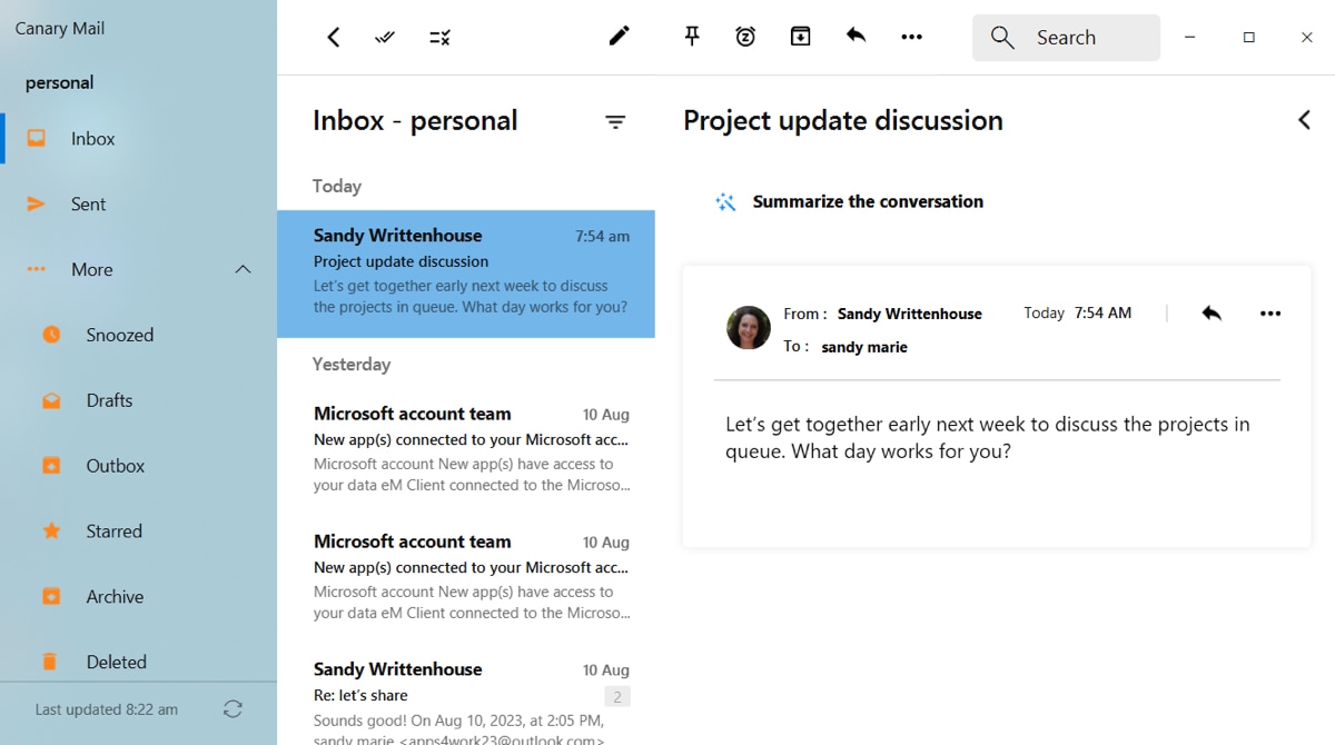 Canary Mail Inbox on Windows