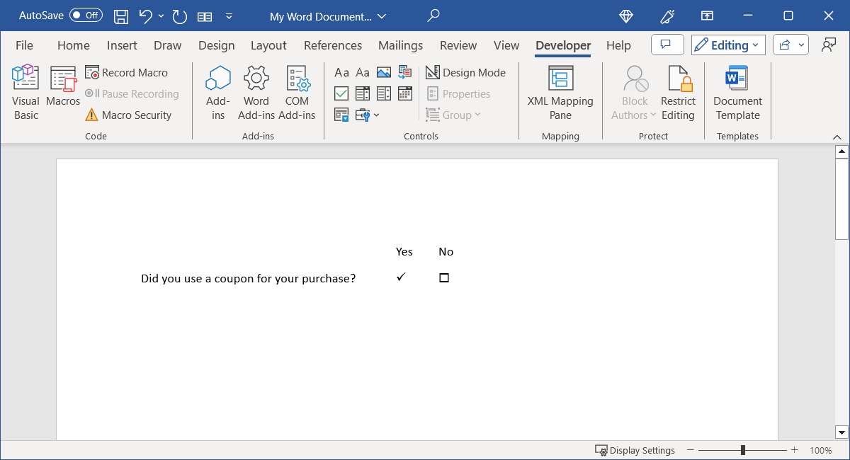 Checkbox Content Controls added in Word