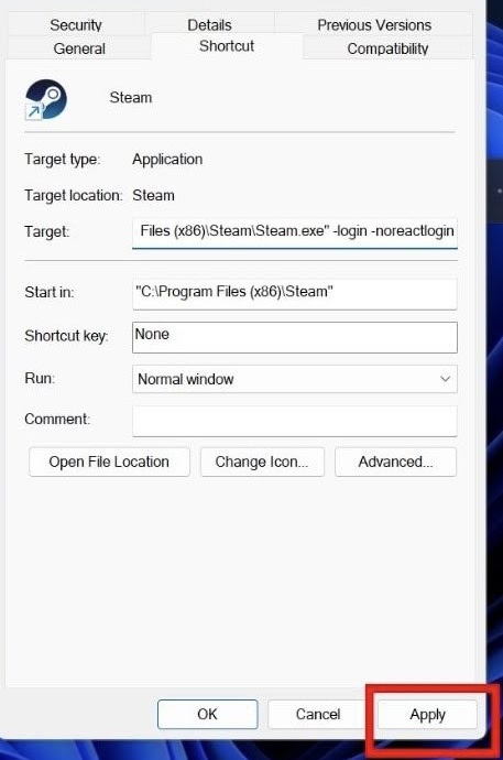 Clicking "Apply" after making the changes in the Shortcut tab.
