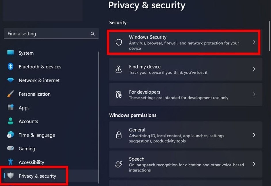 Clicking "Windows Security" under "Privacy & security" in Windows Settings.