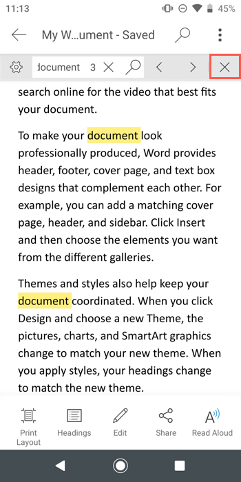 X to close Search in Word on Mobile