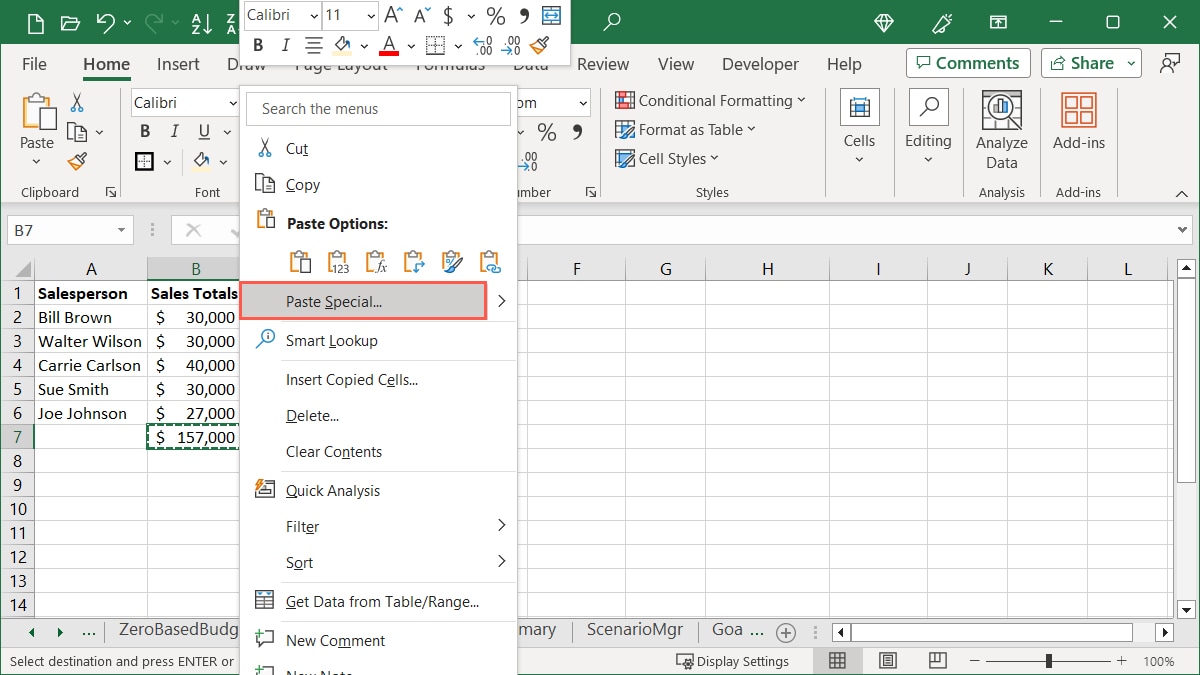 Paste Special in the shortcut menu