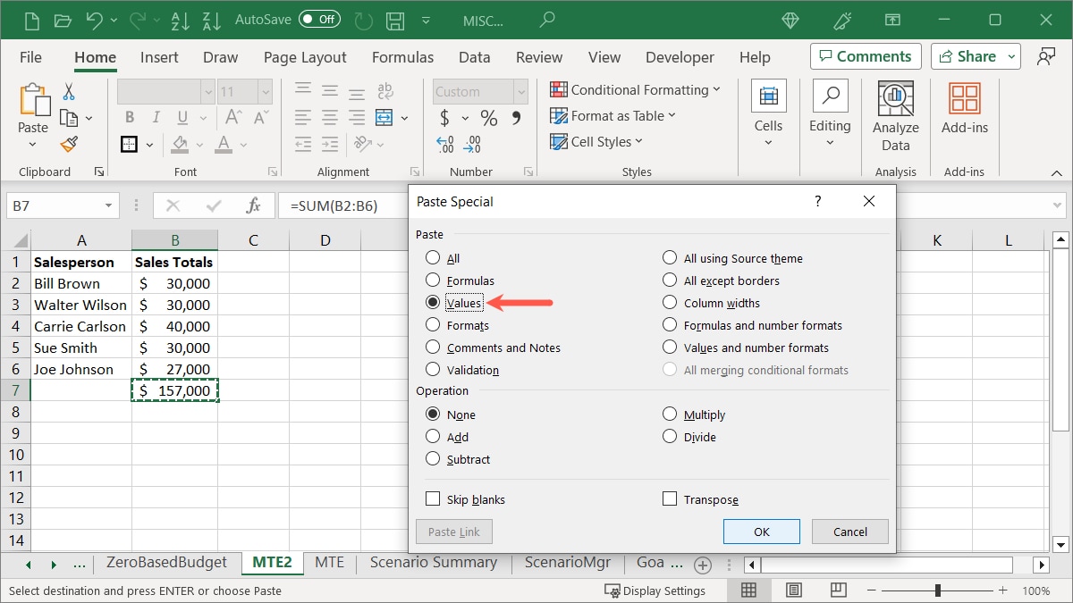 Values in the Paste Special box