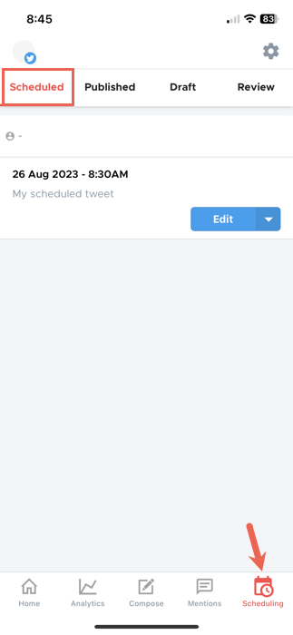 Crowdfire Scheduling section and Scheduled tab