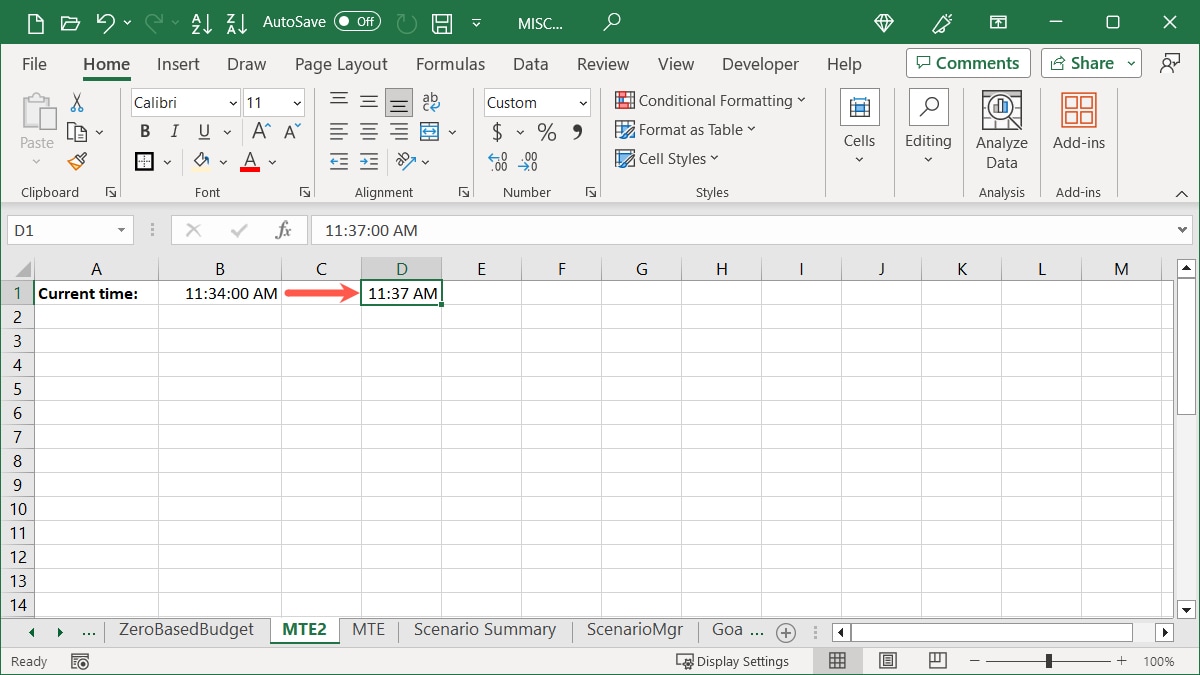 Current Time formatted in Excel