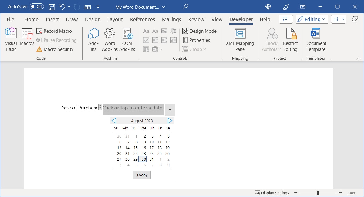 Date Picker Control added in Word
