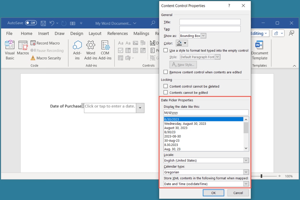 Date Picker Control Properties box in Word