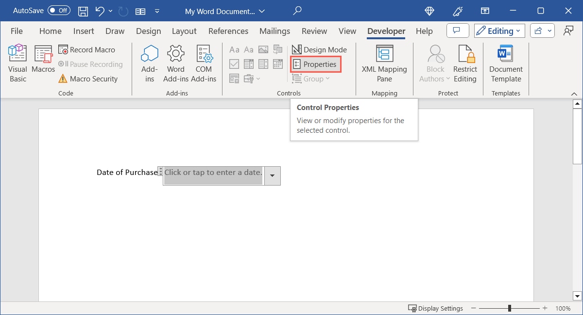 Date Picker Control Properties in Word
