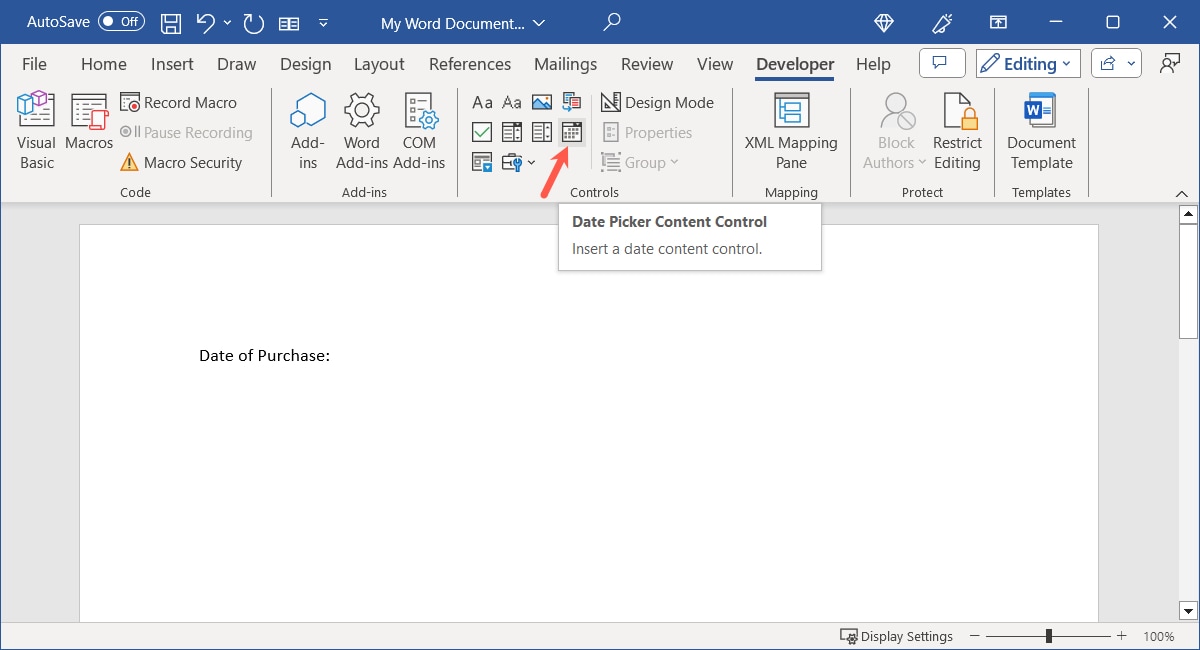 Date Picker Control in Word