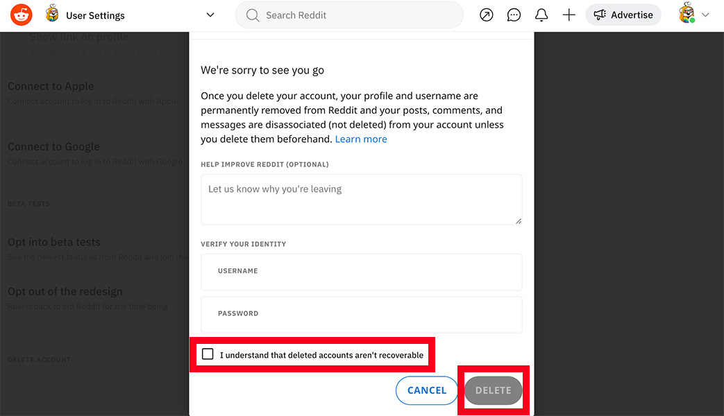 Delete Reddit Checkbox