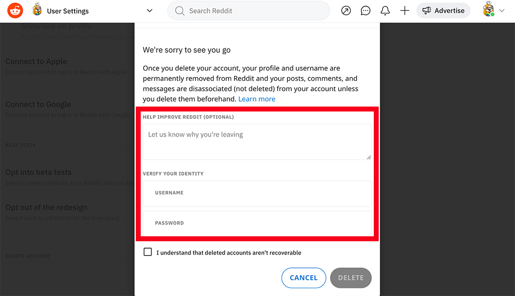 Delete Reddit Information