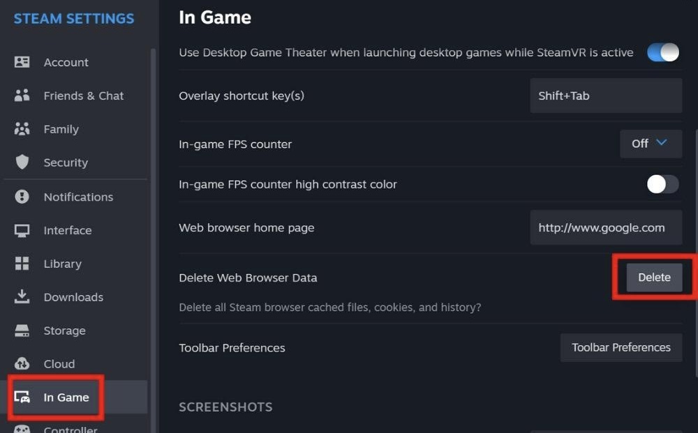 Clicking "Delete" next to "Delete web browser data" in Steam client.