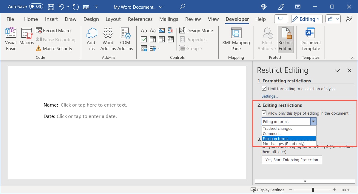 Editing Restrictions in Word