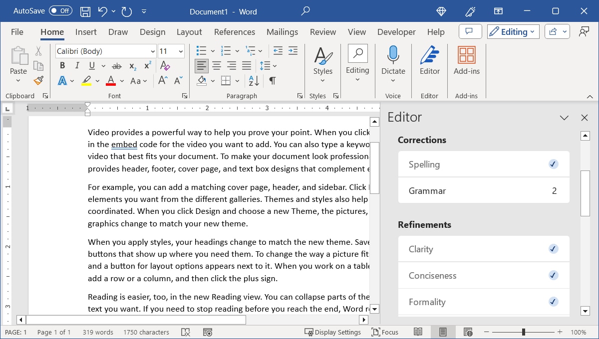 Editor sidebar in Word
