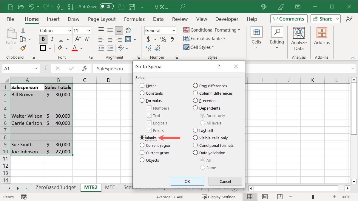 Blanks in the Go To Special box
