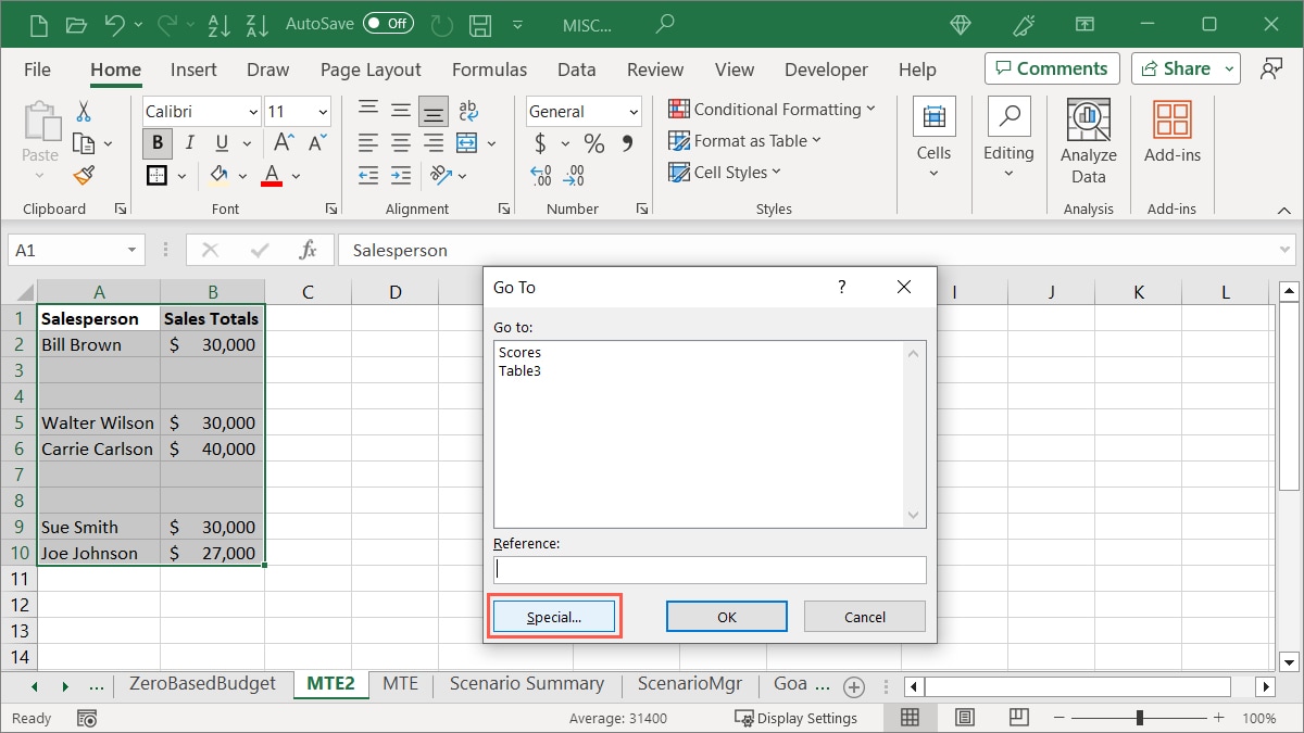 Special in the Go To box